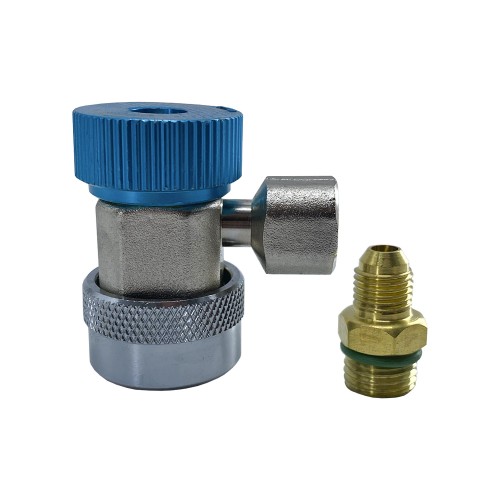 Муфта быстросъемная для автокондиционера QC-L для R134а с краном, 3/8" SAE 90° female + переходник 1/4 SAE male, низкое давление